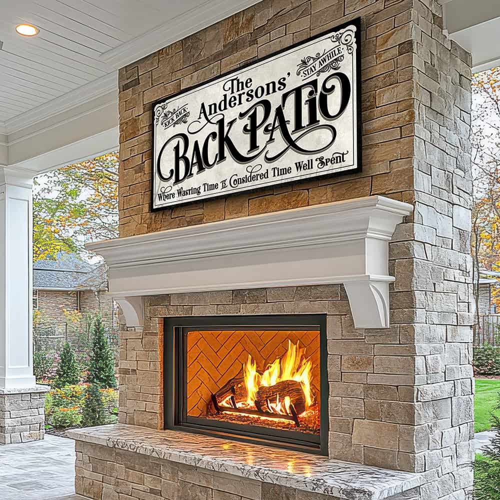 Welcome to the Back Patio personalized wall sign by Toe Fish Art in vintage black and white scroll style, available in framed canvas or waterproof outdoor metal, with custom family name and fun sayings like Kick Back, Stay Awhile, and Where Wasting Time is Considered Time Well Spent—charming backyard or patio decor handmade in the USA. Perfect for enhancing your outdoor summer decor. Built to last with genuine craftsmanship, this authentic sign adds rustic cottage charm and heritage quality to any home.