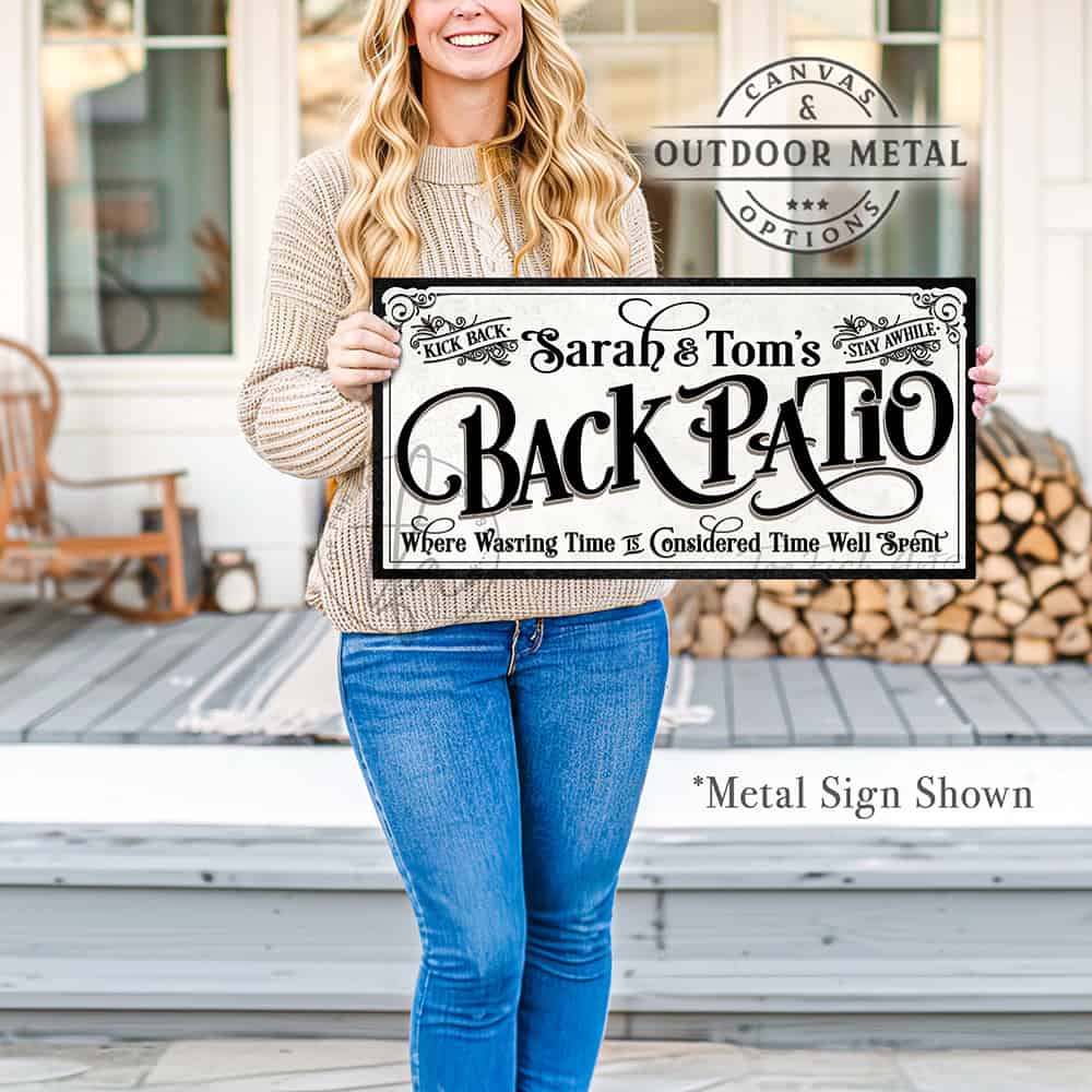 Welcome to the Back Patio personalized wall sign by Toe Fish Art in vintage black and white scroll style, available in framed canvas or waterproof outdoor metal, with custom family name and fun sayings like Kick Back, Stay Awhile, and Where Wasting Time is Considered Time Well Spent—charming backyard or patio decor handmade in the USA. Perfect for enhancing your outdoor summer decor. Built to last with genuine craftsmanship, this authentic sign adds rustic cottage charm and heritage quality to any home.