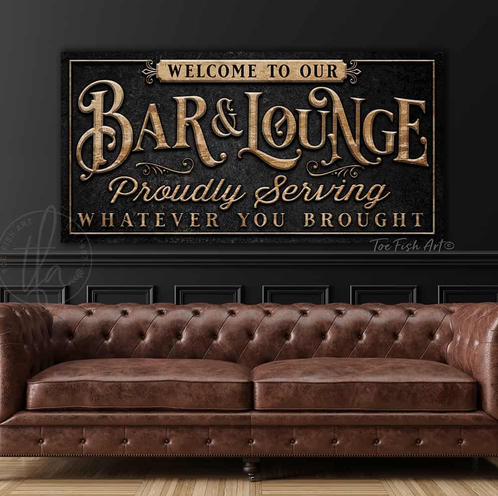 Personalized Bar & Lounge Sign handmade by ToeFishArt. Original, custom, personalized wall decor signs. Canvas, Wood or Metal. Rustic modern farmhouse, cottagecore, vintage, retro, industrial, Americana, primitive, country, coastal, minimalist.