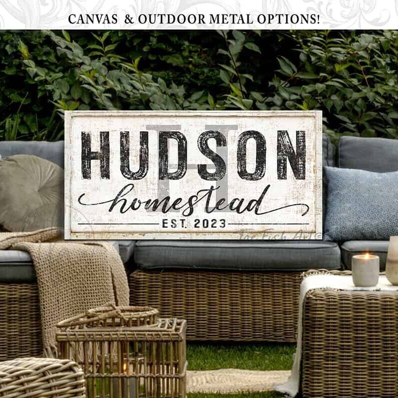 Homestead Sign handmade by ToeFishArt. Original, custom, personalized wall decor signs. Canvas, Wood or Metal. Rustic modern farmhouse, cottagecore, vintage, retro, industrial, Americana, primitive, country, coastal, minimalist.
