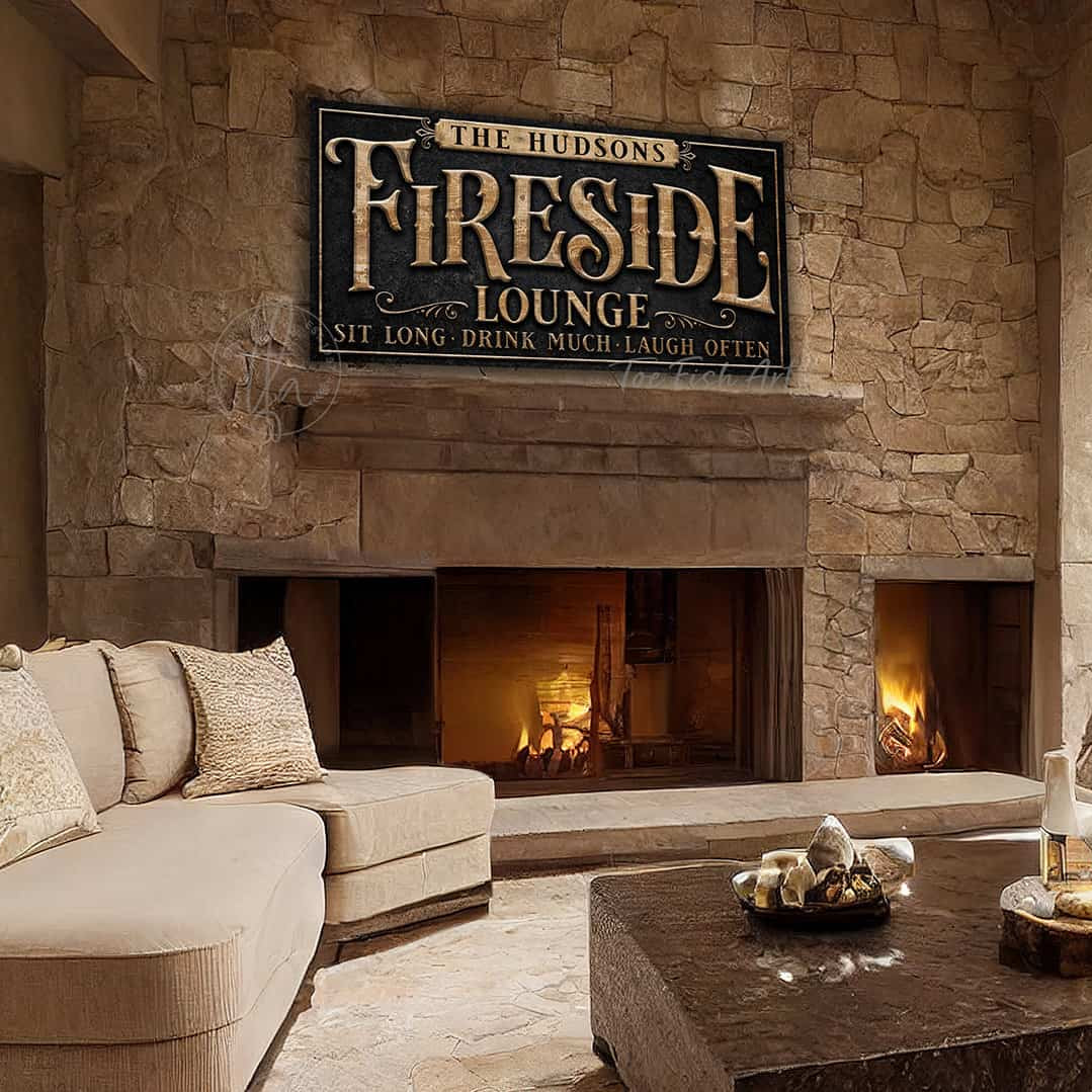 Custom Fireside Lounge Personalized Sign in exterior outdoor metal handmade by ToeFishArt. Original, custom, personalized wall decor signs. Canvas, Wood or Metal. Rustic modern farmhouse, cottagecore, vintage, retro, industrial, Americana, primitive, country, coastal, minimalist.