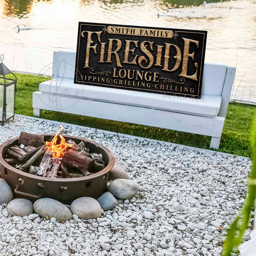 Custom Fireside Lounge Personalized Sign in exterior outdoor metal handmade by ToeFishArt. Original, custom, personalized wall decor signs. Canvas, Wood or Metal. Rustic modern farmhouse, cottagecore, vintage, retro, industrial, Americana, primitive, country, coastal, minimalist.