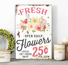 Fresh Flowers Sign in canvas or metal handmade by ToeFishArt. Original, custom, personalized wall decor signs. Canvas, Wood or Metal. Rustic modern farmhouse, cottagecore, vintage, retro, industrial, Americana, primitive, country, coastal, minimalist.