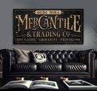 Mercantile Personalized Sign handmade by ToeFishArt. Original, custom, personalized wall decor signs. Canvas, Wood or Metal. Rustic modern farmhouse, cottagecore, vintage, retro, industrial, Americana, primitive, country, coastal, minimalist.