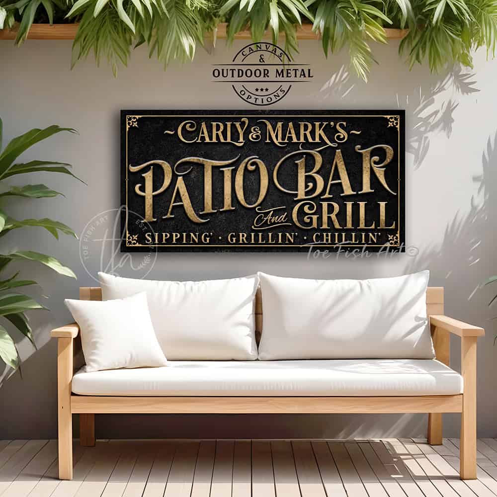 Personalized Welcome to the Patio Bar and Grill custom outdoor sign by Toe Fish Art, handmade in the USA in waterproof metal or framed canvas, vintage black and rustic gold, personalizable name, fun sayings like Sipping-Grilling-Chilling or your own custom text. Charming outdoor kitchen, bar, lounge, patio, lanai, porch, or pool deck spa decor. Ideal for upgrading your outdoor summer vibe. Built to last with genuine craftsmanship, this authentic sign adds classic charm and heritage quality to any space.