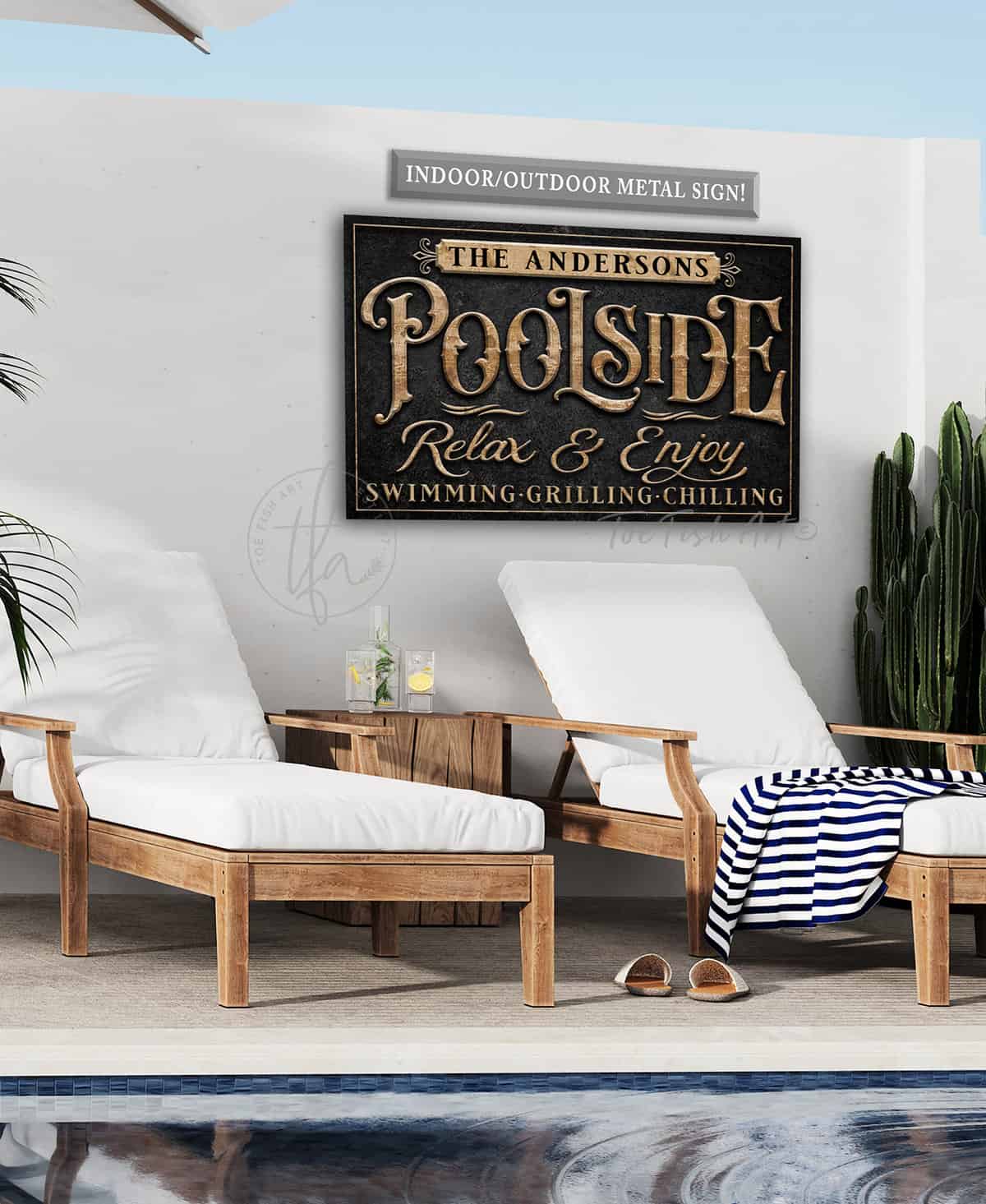 Personalized Poolside Sign Pool & Patio Sign Outdoor Metal Print handmade by ToeFishArt. Original, custom, personalized wall decor signs. Canvas, Wood or Metal. Rustic modern farmhouse, cottagecore, vintage, retro, industrial, Americana, primitive, country, coastal, minimalist.
