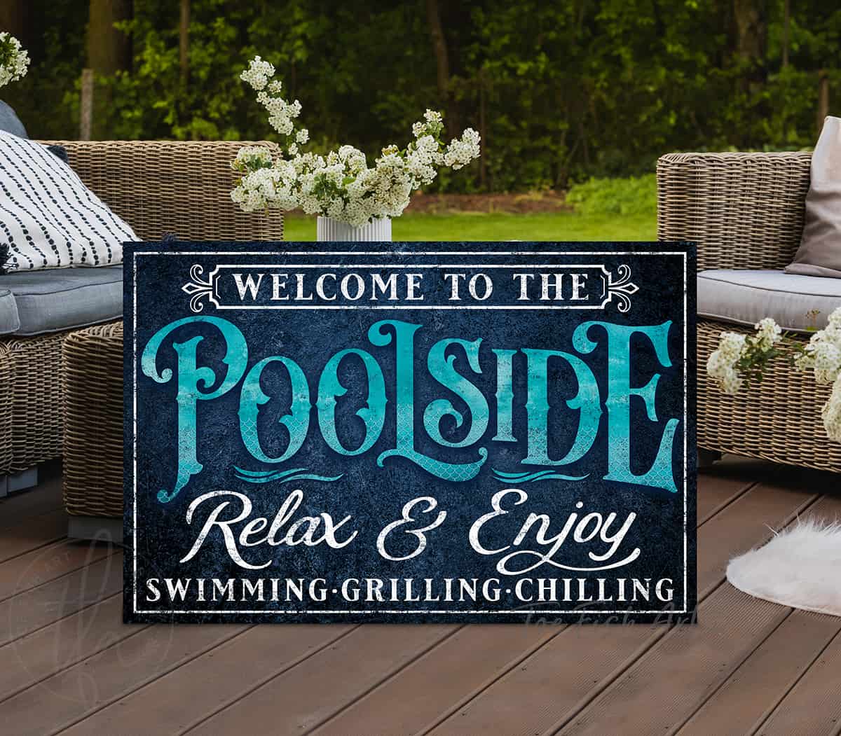 Toe Fish Art Personalized Poolside Outdoor Metal Sign Family Name and custom wording options handmade by ToeFishArt. Original, custom, personalized wall decor signs. Canvas, Wood or Metal. Rustic modern farmhouse, cottagecore, vintage, retro, industrial, Americana, primitive, country, coastal, minimalist.