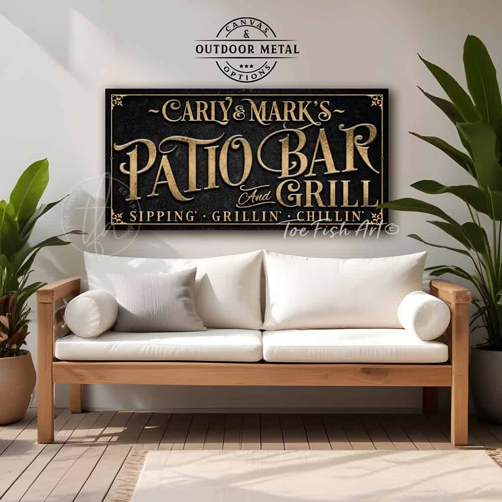 Personalized Welcome to the Patio Bar and Grill custom outdoor sign by Toe Fish Art, handmade in the USA in waterproof metal or framed canvas, vintage black and rustic gold, personalizable name, fun sayings like Sipping-Grilling-Chilling or your own custom text. Charming outdoor kitchen, bar, lounge, patio, lanai, porch, or pool deck spa decor. Ideal for upgrading your outdoor summer vibe. Built to last with genuine craftsmanship, this authentic sign adds classic charm and heritage quality to any space.