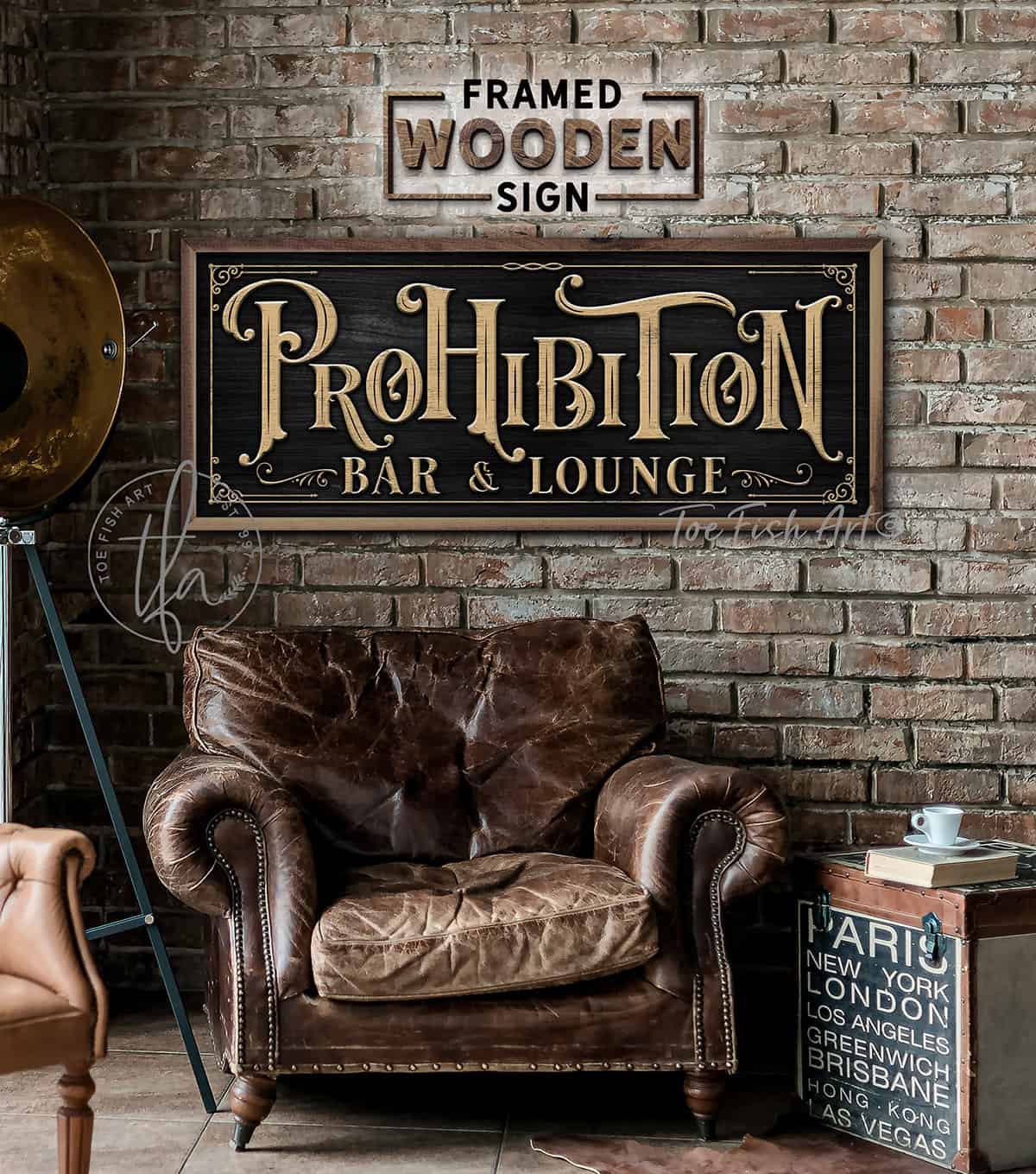 Toe-Fish-Art-Prohibition-Bar-Lounge-Framed-Wood-Shiplap-Sign Handmade by ToeFishArt. Original, custom, personalized gifts and wall decor signs. Canvas, Wood or Metal. Rustic modern farmhouse, cottagecore, vintage, retro, industrial, Americana, primitive, country, coastal, minimalist.
