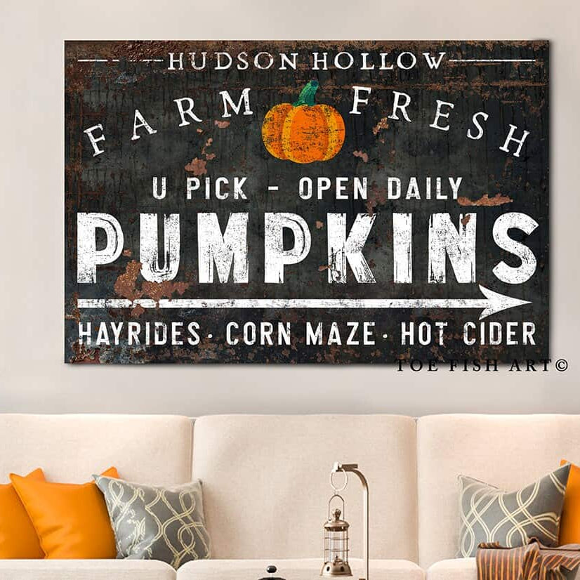 Transform your fall decor with this personalized "Farm Fresh Pumpkins" sign by Toe Fish Art. An investment you'll treasure season after season, it's the perfect way to add instant farmhouse charm to your porch, entryway, or living space. Be surrounded by decor you LOVE! Choose premium framed canvas or durable outdoor metal. Toe Fish Art makes artisan wall art with American materials. Proudly Made in the USA, each piece is expertly constructed with genuine craftsmanship, heritage quality, and rustic charm.