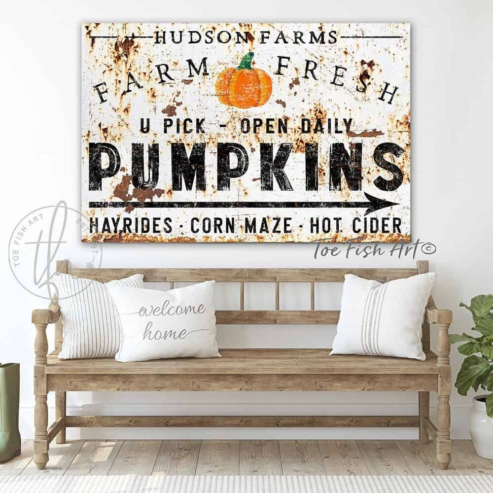 Transform your fall decor with this personalized "Farm Fresh Pumpkins" sign by Toe Fish Art. An investment you'll treasure season after season, it's the perfect way to add instant farmhouse charm to your porch, entryway, or living space. Be surrounded by decor you LOVE! Choose premium framed canvas or durable outdoor metal. Toe Fish Art makes artisan wall art with American materials. Proudly Made in the USA, each piece is expertly constructed with genuine craftsmanship, heritage quality, and rustic charm.