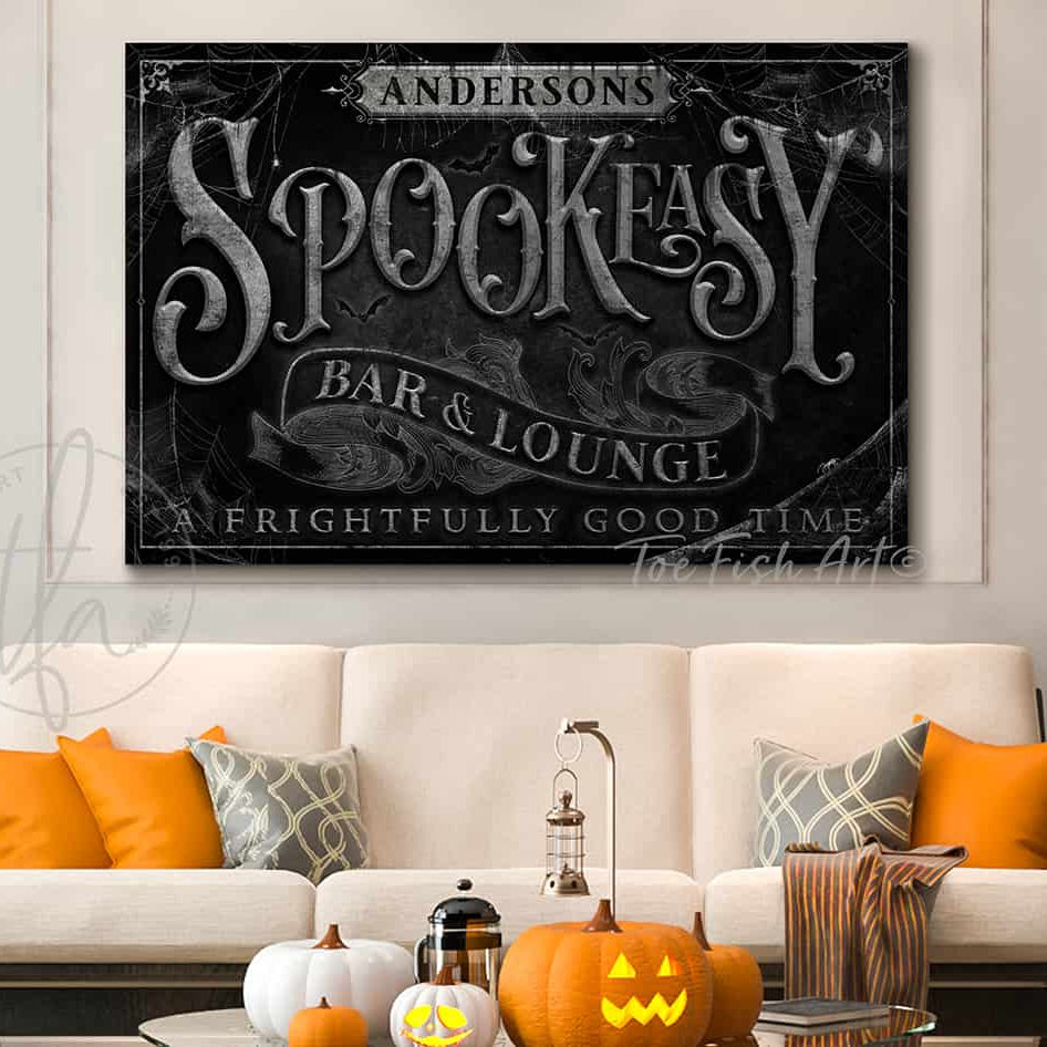 Spookeasy Bar & Lounge Halloween Home Decor Canvas or Outdoor Metal Sign handmade by ToeFishArt. Original, custom, personalized wall decor signs. Canvas, Wood or Metal. Rustic modern farmhouse, cottagecore, vintage, retro, industrial, Americana, primitive, country, coastal, minimalist.