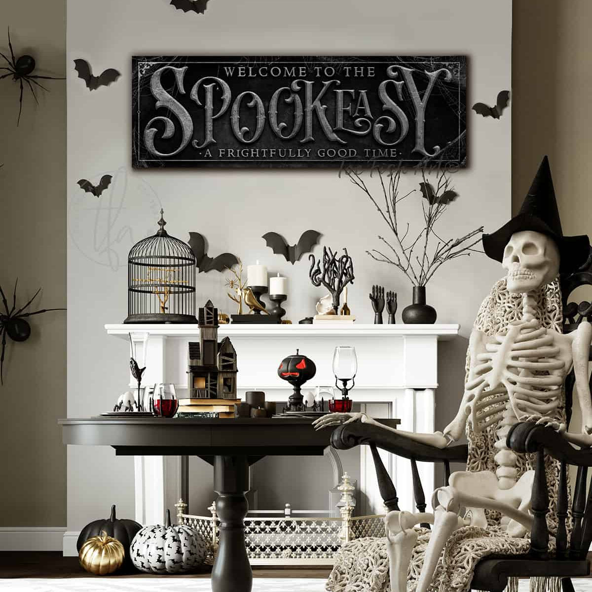 Spookeasy Custom Personalized Halloween Decoration handmade by ToeFishArt. Original, custom, personalized wall decor signs. Canvas, Wood or Metal. Rustic modern farmhouse, cottagecore, vintage, retro, industrial, Americana, primitive, country, coastal, minimalist.