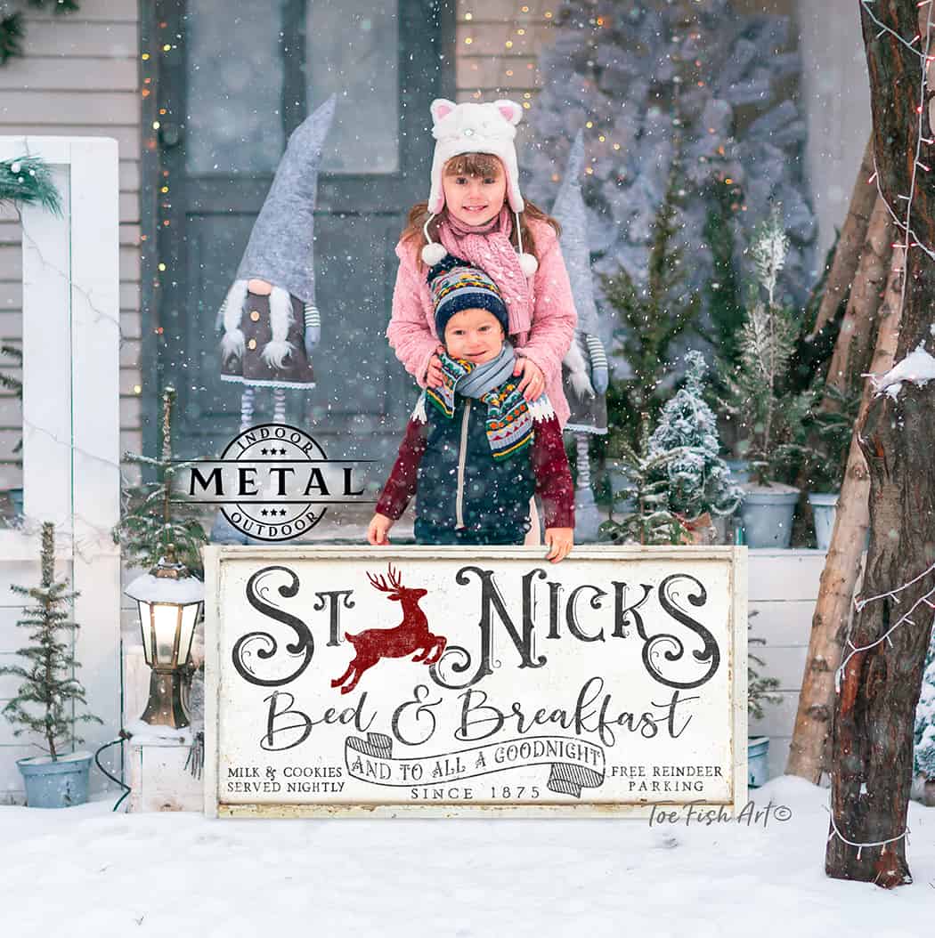 Toe Fish Art St Nicks Bed & Breakfast Vintage White Canvas or Outdoor Metal Sign Christmas Holiday Home Decor handmade by ToeFishArt. Original, custom, personalized wall decor signs. Canvas, Wood or Metal. Rustic modern farmhouse, cottagecore, vintage, retro, industrial, Americana, primitive, country, coastal, minimalist.