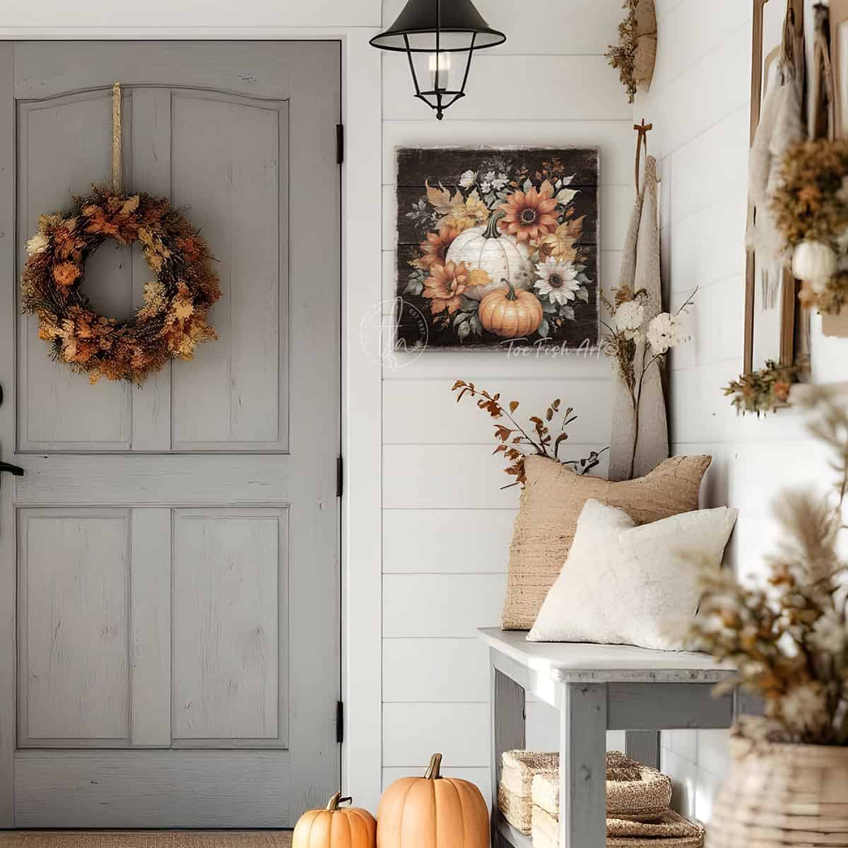 Vintage-inspired farmhouse style sign featuring white and orange heirloom pumpkins with autumn flowers. Toe Fish Art creates quality, artisan-made wall décor using American-sourced materials. Proudly made in the USA, each sign is built to last with heritage craftsmanship and rustic charm. Custom, timeless designs for indoor/outdoor spaces. Discover handcrafted American wall art at toefishart.com.