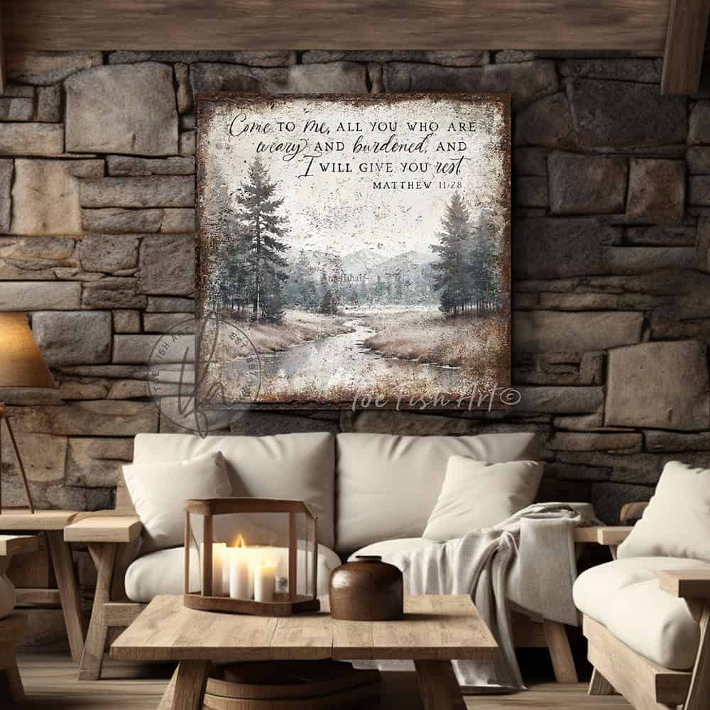 Decorate your home with words that inspire and bring peace to your space with our Vintage Scripture Wall Art 'Come To Me All Who Are Weary' Matthew 11:28, featuring a serene forested river and mountain range painting. Be surrounded by decor you LOVE! Choose premium gallery-stretched canvas or elegant framed canvas. Toe Fish Art makes artisan wall art with American materials. Proudly Made in the USA, each piece is expertly constructed with genuine craftsmanship, heritage quality, and rustic charm.