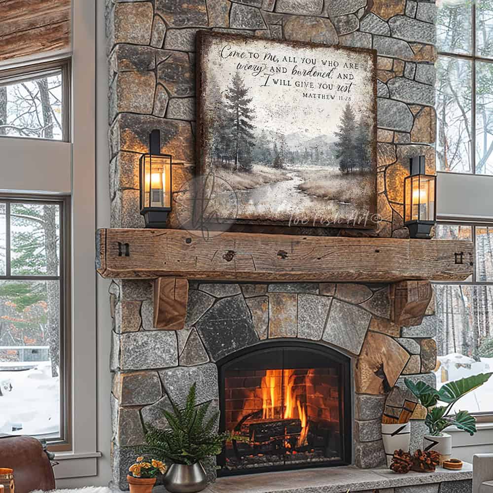 Decorate your home with words that inspire and bring peace to your space with our Vintage Scripture Wall Art 'Come To Me All Who Are Weary' Matthew 11:28, featuring a serene forested river and mountain range painting. Be surrounded by decor you LOVE! Choose premium gallery-stretched canvas or elegant framed canvas. Toe Fish Art makes artisan wall art with American materials. Proudly Made in the USA, each piece is expertly constructed with genuine craftsmanship, heritage quality, and rustic charm.