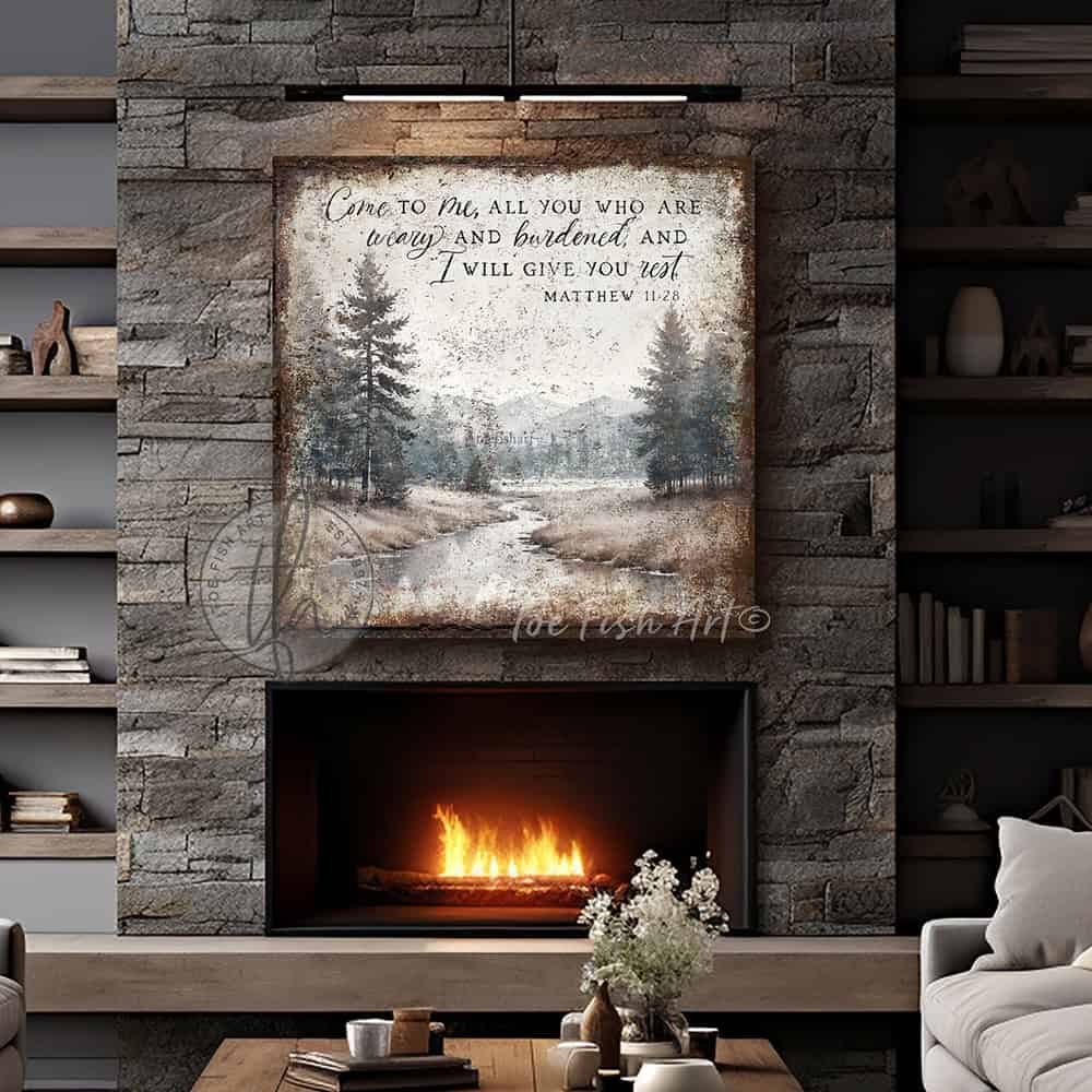 Decorate your home with words that inspire and bring peace to your space with our Vintage Scripture Wall Art 'Come To Me All Who Are Weary' Matthew 11:28, featuring a serene forested river and mountain range painting. Be surrounded by decor you LOVE! Choose premium gallery-stretched canvas or elegant framed canvas. Toe Fish Art makes artisan wall art with American materials. Proudly Made in the USA, each piece is expertly constructed with genuine craftsmanship, heritage quality, and rustic charm.