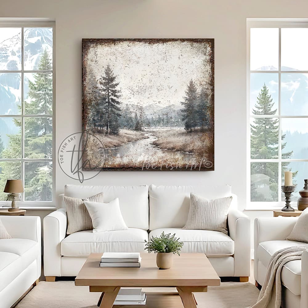 Decorate your home with meaningful inspiration and bring peace to your space with our Vintage Wall Art featuring a serene forested river and mountain range painting. Be surrounded by decor you LOVE! Choose premium gallery-stretched canvas or elegant framed canvas. Toe Fish Art makes artisan wall art with American materials. Proudly Made in the USA, each piece is expertly constructed with genuine craftsmanship, heritage quality, and rustic charm.