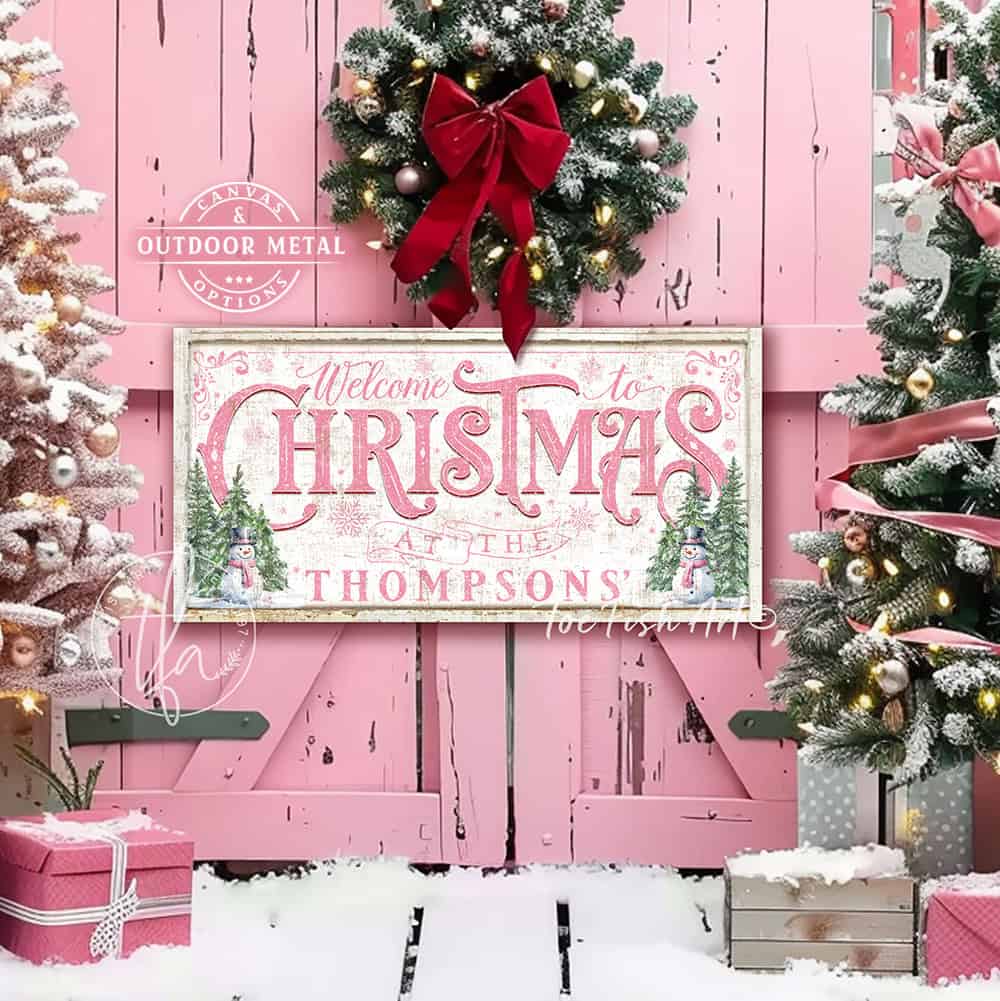 Welcome the holiday season with this colorful Welcome to Christmas Pink & Green Holiday Decor Sign by Toe Fish Art. Perfect for display over a fireplace mantel, on a hearth, as a shelf sitter, above a sofa, beside a Christmas tree, or as a focal point entryway decoration. Add a cheerful, customizable touch to your holiday celebrations for both indoor and outdoor spaces. Customize this piece to reflect your style and spread joy to family and friends. Make this year's Christmas decor truly special!