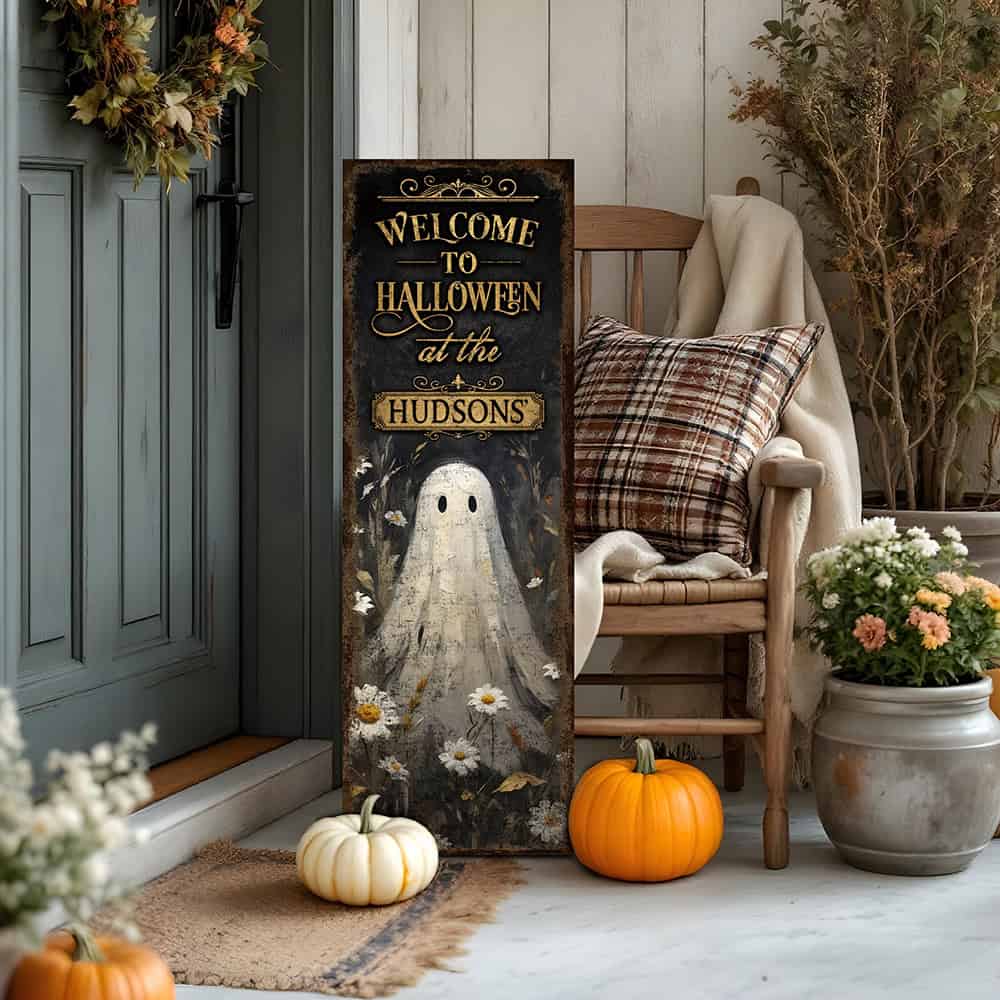 Toe Fish Art’s ‘Welcome to Halloween’ sign features a charming ghost 'pushing up daisies' in a whimsical floral design. Available as a wood-framed canvas or outdoor weatherproof metal, this vertical cottagecore-style sign is personalized with your family name and perfect for greeting guests on your front porch, entryway, or patio. Handmade in the USA and built to last with genuine craftsmanship, this rustic Halloween decor blends vintage charm with playful seasonal style for a warm and spooky welcome.