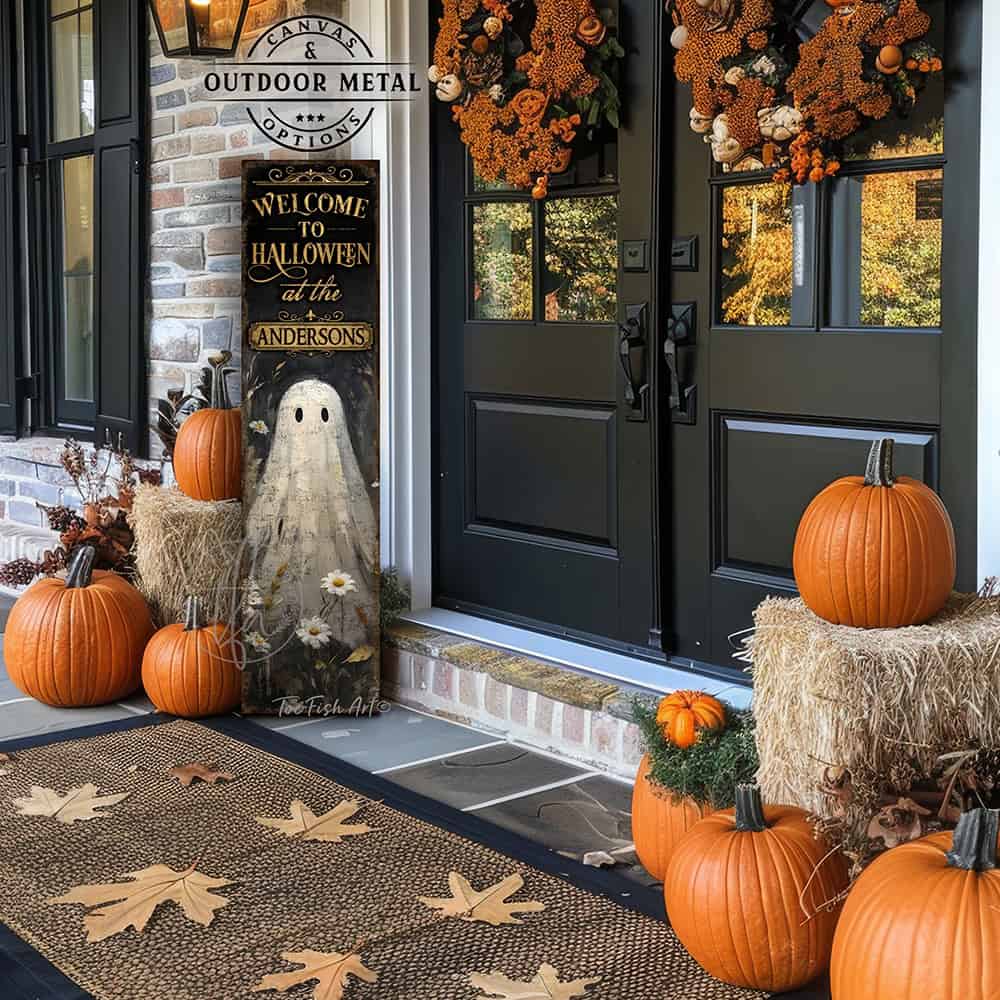 Toe Fish Art’s ‘Welcome to Halloween’ sign features a charming ghost 'pushing up daisies' in a whimsical floral design. Available as a wood-framed canvas or outdoor weatherproof metal, this vertical cottagecore-style sign is personalized with your family name and perfect for greeting guests on your front porch, entryway, or patio. Handmade in the USA and built to last with genuine craftsmanship, this rustic Halloween decor blends vintage charm with playful seasonal style for a warm and spooky welcome.