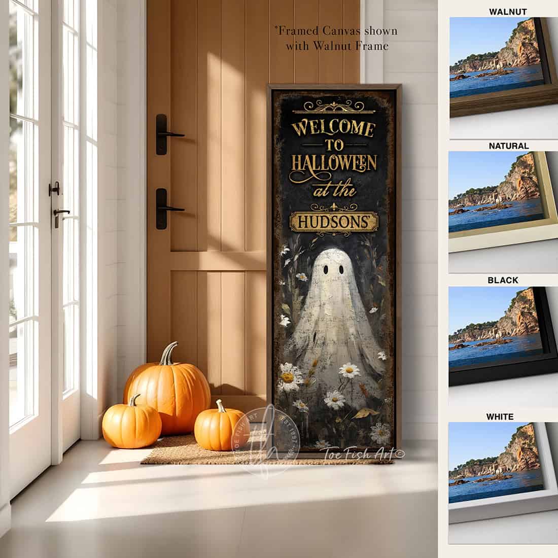 Toe Fish Art’s ‘Welcome to Halloween’ sign features a charming ghost 'pushing up daisies' in a whimsical floral design. Available as a wood-framed canvas or outdoor weatherproof metal, this vertical cottagecore-style sign is personalized with your family name and perfect for greeting guests on your front porch, entryway, or patio. Handmade in the USA and built to last with genuine craftsmanship, this rustic Halloween decor blends vintage charm with playful seasonal style for a warm and spooky welcome.