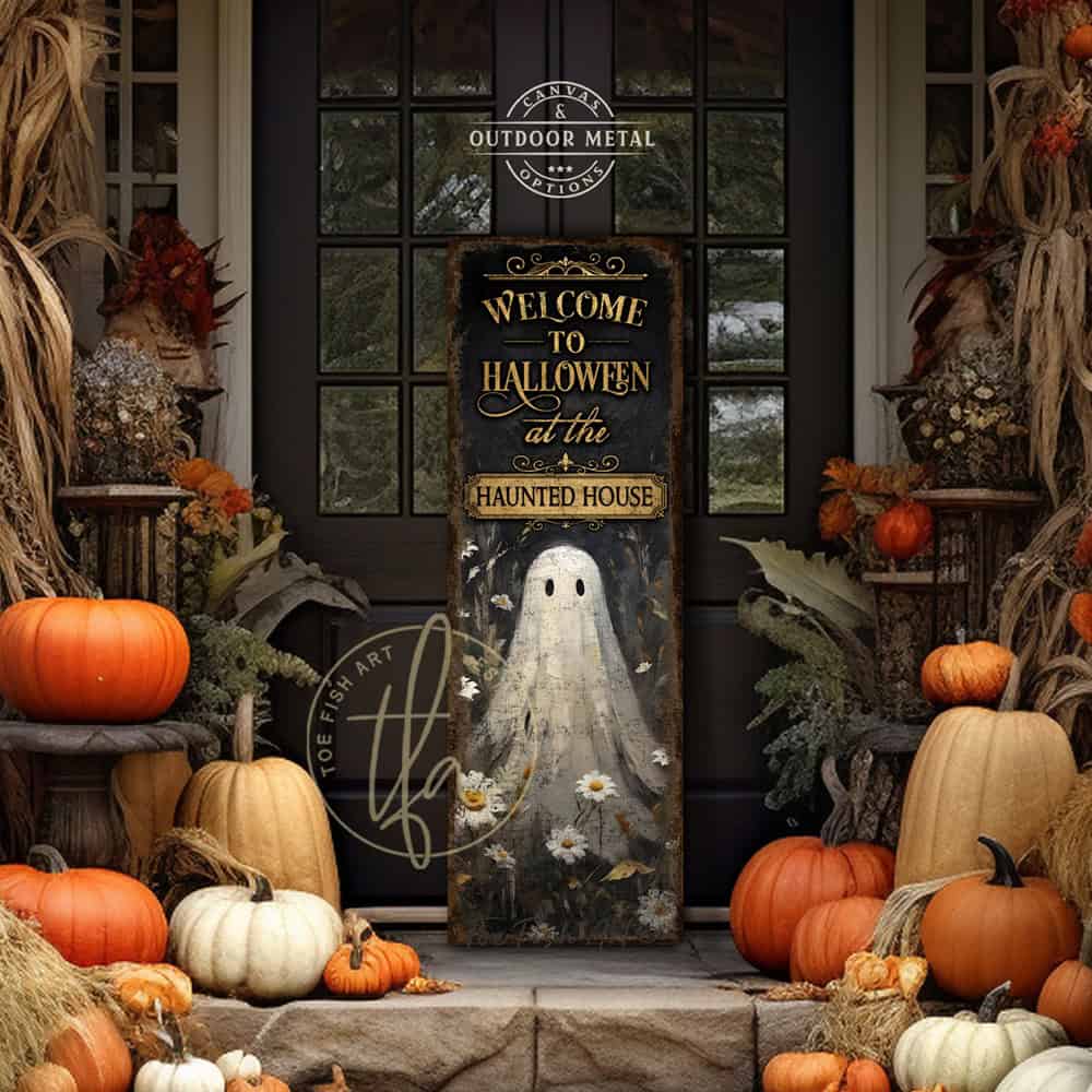 Toe Fish Art’s ‘Welcome to Halloween’ sign features a charming ghost 'pushing up daisies' in a whimsical floral design. Available as a wood-framed canvas or outdoor weatherproof metal, this vertical cottagecore-style sign is personalized with your family name and perfect for greeting guests on your front porch, entryway, or patio. Handmade in the USA and built to last with genuine craftsmanship, this rustic Halloween decor blends vintage charm with playful seasonal style for a warm and spooky welcome.
