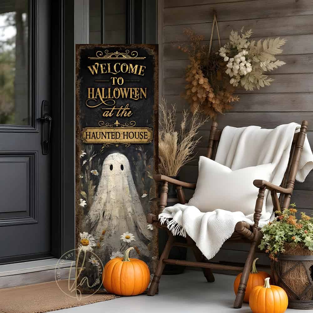 Toe Fish Art’s ‘Welcome to Halloween’ sign features a charming ghost 'pushing up daisies' in a whimsical floral design. Available as a wood-framed canvas or outdoor weatherproof metal, this vertical cottagecore-style sign is personalized with your family name and perfect for greeting guests on your front porch, entryway, or patio. Handmade in the USA and built to last with genuine craftsmanship, this rustic Halloween decor blends vintage charm with playful seasonal style for a warm and spooky welcome.