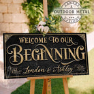 Welcome to Our Beginning personalized vintage-inspired wedding sign by Toe Fish Art, featuring couple’s names and date, gorgeous vintage black background with rustic gold lettering, available as framed canvas or outdoor waterproof metal — a unique, rustic chic wedding ceremony and reception keepsake decoration, designed and handcrafted in the USA. Ideal for indoor and outdoor spaces. Built to last with genuine craftsmanship, this authentic sign adds classic charm and heritage quality to your special day.
