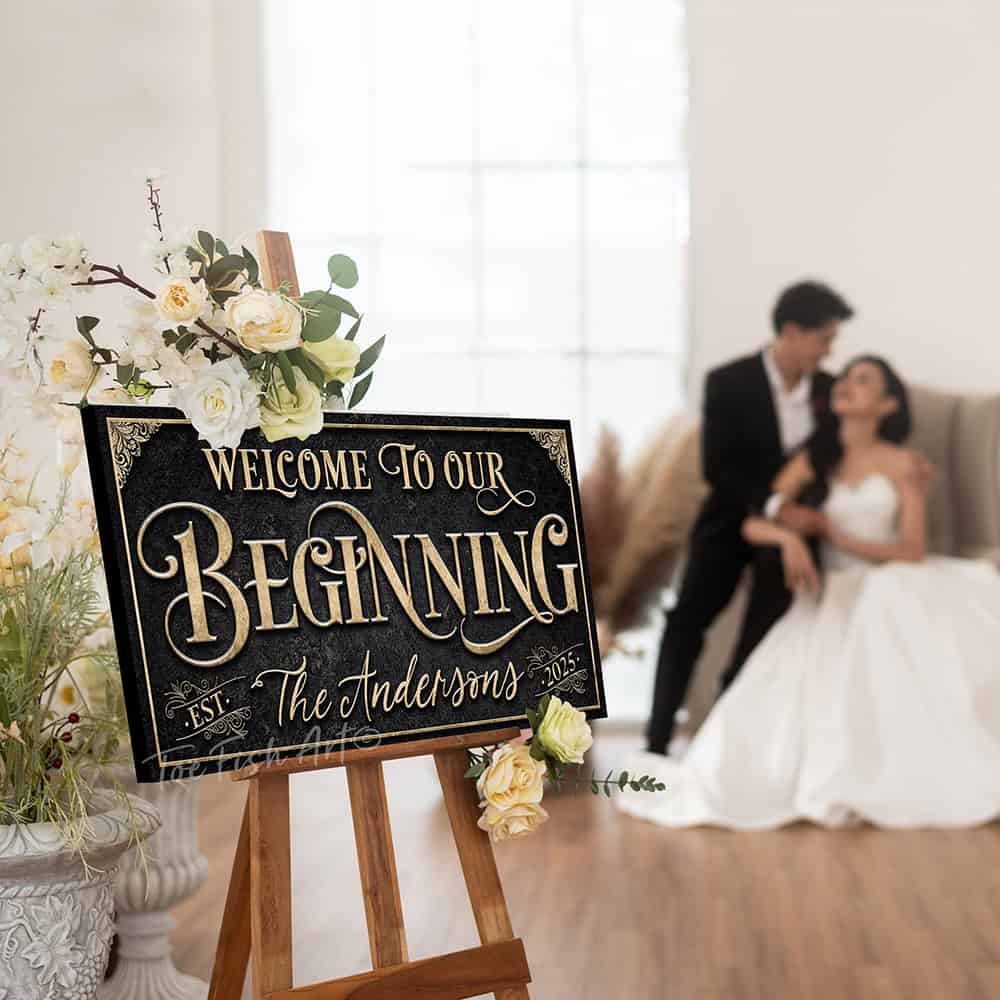 Welcome to Our Beginning personalized vintage-inspired wedding sign by Toe Fish Art, featuring couple’s names and date, gorgeous vintage black background with rustic gold lettering, available as framed canvas or outdoor waterproof metal — a unique, rustic chic wedding ceremony and reception keepsake decoration, designed and handcrafted in the USA. Ideal for indoor and outdoor spaces. Built to last with genuine craftsmanship, this authentic sign adds classic charm and heritage quality to your special day.