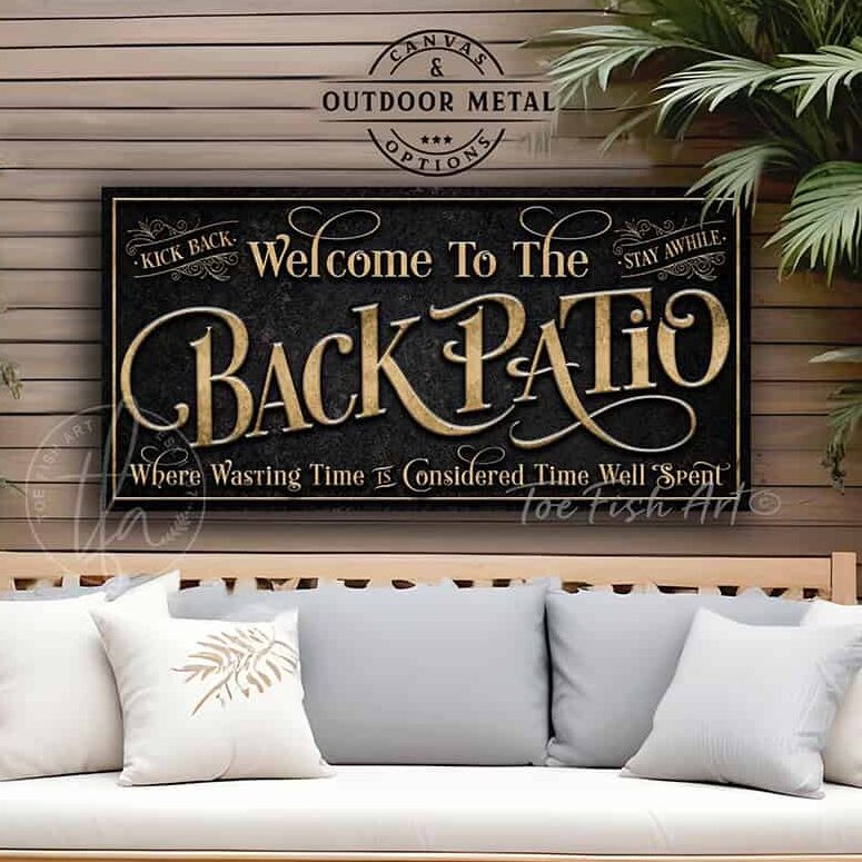 Toe Fish Art specializes in handcrafting personalized back patio family name signs that bring custom style to your outdoor living space. Handcrafted with your family name and popular sayings in classic vintage black and rustic gold for endless summer vibes. Choose between premium framed canvas or durable outdoor metal. Toe Fish Art makes artisan wall art with American materials. Proudly Made in the USA, each piece is expertly constructed with genuine craftsmanship, heritage quality, and rustic charm.