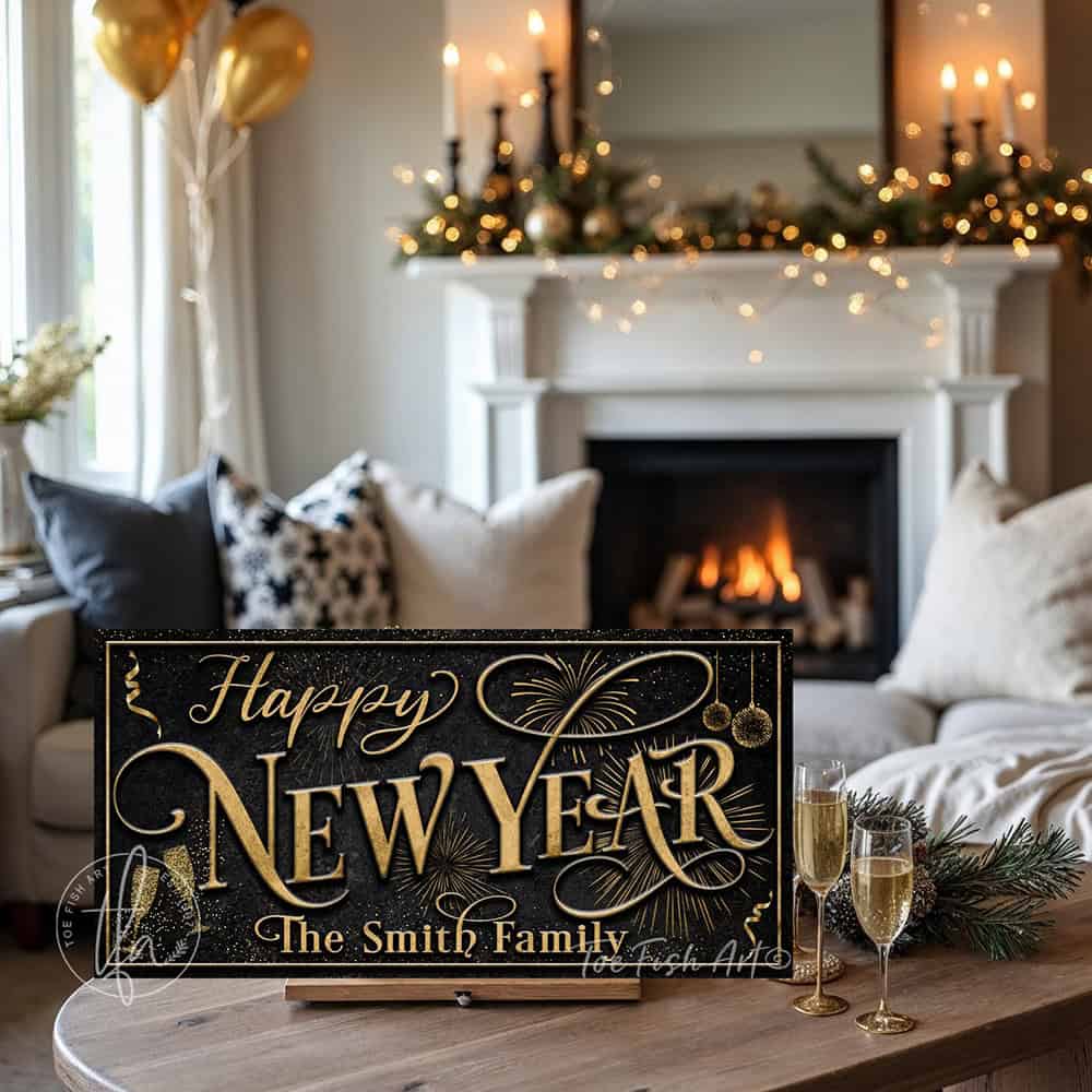 This personalized Happy New Year decoration sign by Toe Fish Art evokes the opulence of 1920s Paris, blending gold elegance with sleek black sophistication. Available in framed canvas or weather-resistant outdoor metal, perfect for any setting—from intimate home displays to outdoor entertaining. Customize this sign to reflect your personal style or celebration theme. Transform your space into a venue worthy of champagne toasts and cherished moments.