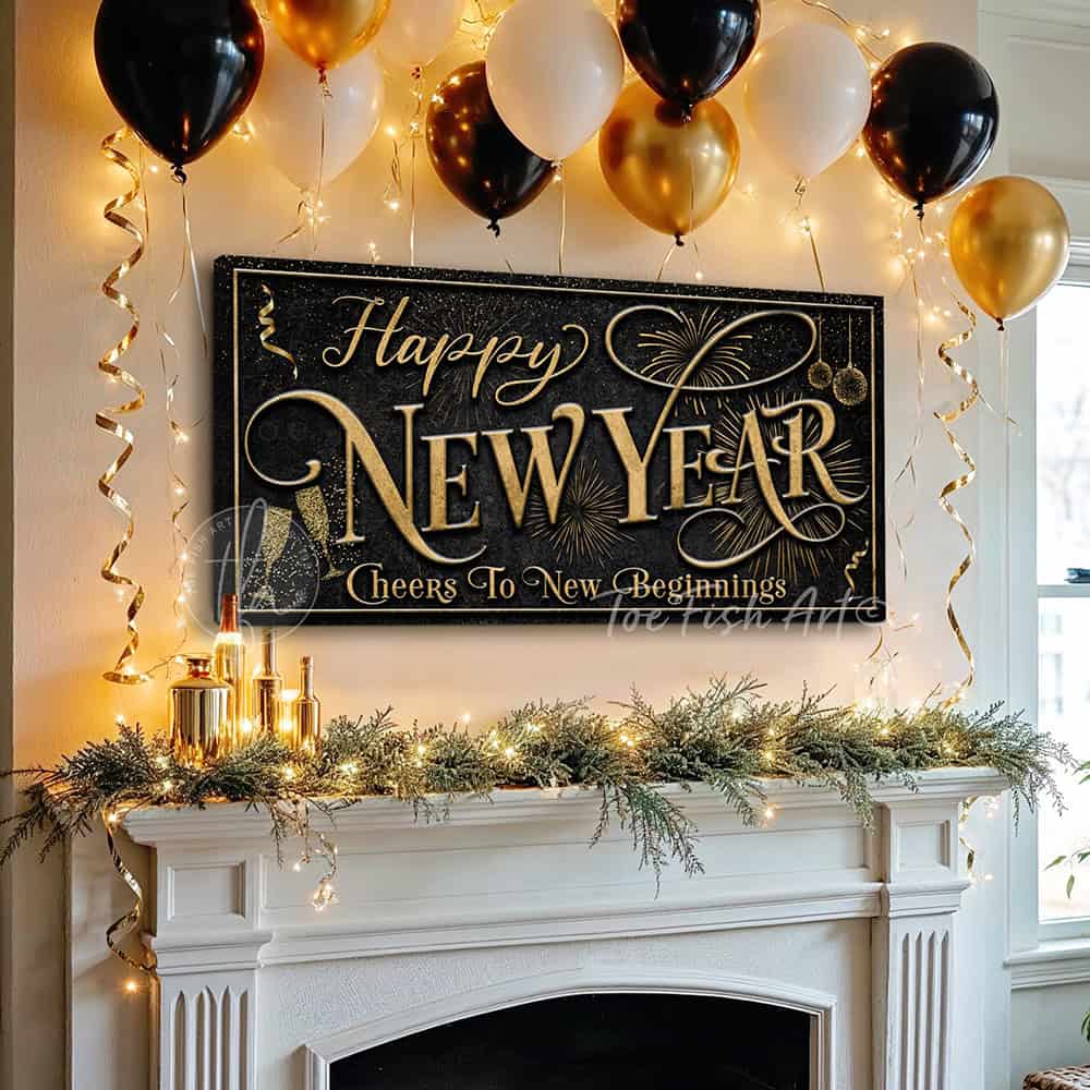 This personalized Happy New Year decoration sign by Toe Fish Art evokes the opulence of 1920s Paris, blending gold elegance with sleek black sophistication. Available in framed canvas or weather-resistant outdoor metal, perfect for any setting—from intimate home displays to outdoor entertaining. Customize this sign to reflect your personal style or celebration theme. Transform your space into a venue worthy of champagne toasts and cherished moments.