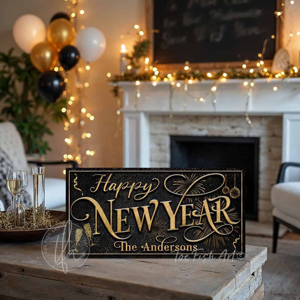 This personalized Happy New Year decoration sign by Toe Fish Art evokes the opulence of 1920s Paris, blending gold elegance with sleek black sophistication. Available in framed canvas or weather-resistant outdoor metal, perfect for any setting—from intimate home displays to outdoor entertaining. Customize this sign to reflect your personal style or celebration theme. Transform your space into a venue worthy of champagne toasts and cherished moments.