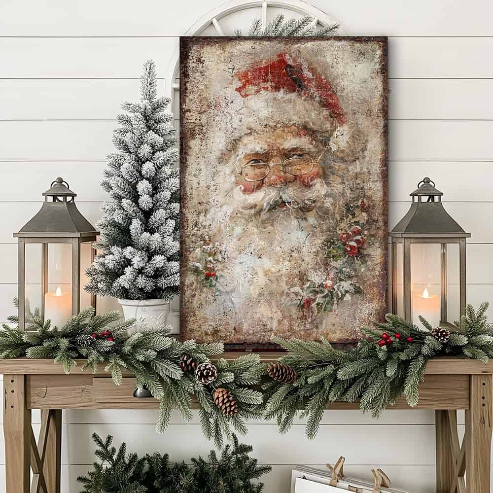 Elevate your holiday décor with this distinguished Vintage Santa Claus Face Wall Art by Toe Fish Art, a refined interpretation of timeless seasonal elegance. This sophisticated decoration showcases a meticulously rendered portrait of Saint Nicholas in authentic rustic antique style, artfully adorned with holly and mistletoe details. Available in durable canvas or outdoor metal, this artwork is an eye-catching focal point in any room—whether displayed indoors, on a covered porch, or in any outdoor setting.