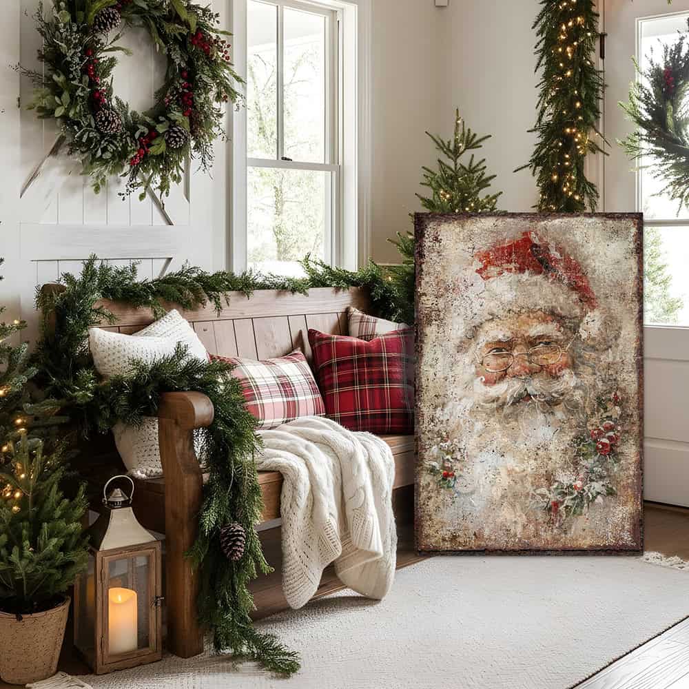 Elevate your holiday décor with this distinguished Vintage Santa Claus Face Wall Art by Toe Fish Art, a refined interpretation of timeless seasonal elegance. This sophisticated decoration showcases a meticulously rendered portrait of Saint Nicholas in authentic rustic antique style, artfully adorned with holly and mistletoe details. Available in durable canvas or outdoor metal, this artwork is an eye-catching focal point in any room—whether displayed indoors, on a covered porch, or in any outdoor setting.