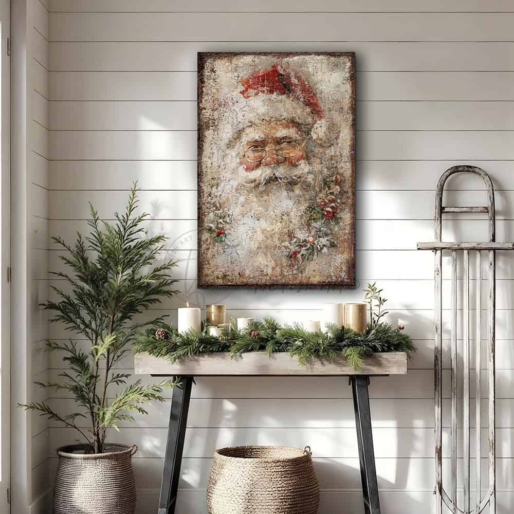 Elevate your holiday décor with this distinguished Vintage Santa Claus Face Wall Art by Toe Fish Art, a refined interpretation of timeless seasonal elegance. This sophisticated decoration showcases a meticulously rendered portrait of Saint Nicholas in authentic rustic antique style, artfully adorned with holly and mistletoe details. Available in durable canvas or outdoor metal, this artwork is an eye-catching focal point in any room—whether displayed indoors, on a covered porch, or in any outdoor setting.