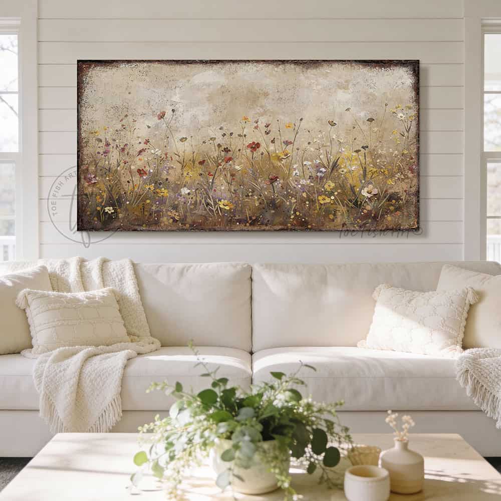 Bring timeless elegance to your home decor with this captivating Vintage Wildflower Meadow wall art. The versatile design complements farmhouse, cottage, and contemporary spaces alike to create a peaceful sanctuary. Be surrounded by decor you LOVE! Choose between premium framed canvas or durable outdoor metal. Toe Fish Art makes artisan wall art with American materials. Proudly Made in the USA, each piece is expertly constructed with genuine craftsmanship, heritage quality, and rustic charm.