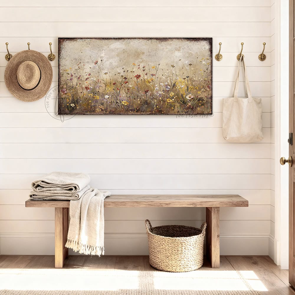 Bring timeless elegance to your home decor with this captivating Vintage Wildflower Meadow wall art. The versatile design complements farmhouse, cottage, and contemporary spaces alike to create a peaceful sanctuary. Be surrounded by decor you LOVE! Choose between premium framed canvas or durable outdoor metal. Toe Fish Art makes artisan wall art with American materials. Proudly Made in the USA, each piece is expertly constructed with genuine craftsmanship, heritage quality, and rustic charm.