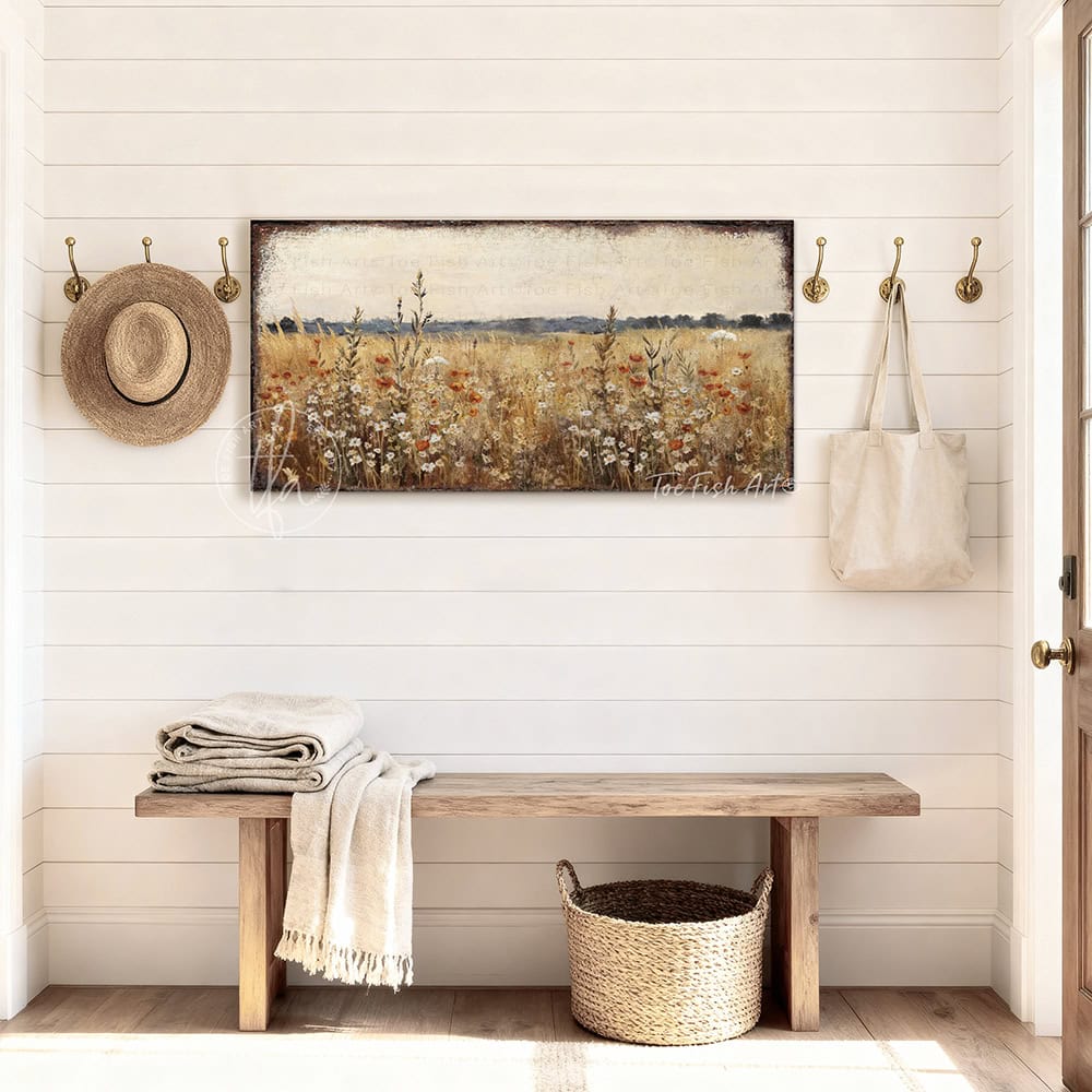 Say hello to spring with this delightful cottagecore wall art that brings wildflower meadows straight to your space. Bursting with vintage charm, this floral statement piece makes any room feel like a peaceful escape. Be surrounded by decor you LOVE! Choose between premium framed canvas or durable outdoor metal. Toe Fish Art makes artisan wall art with American materials. Proudly Made in the USA, each piece is expertly constructed with genuine craftsmanship, heritage quality, and rustic charm.