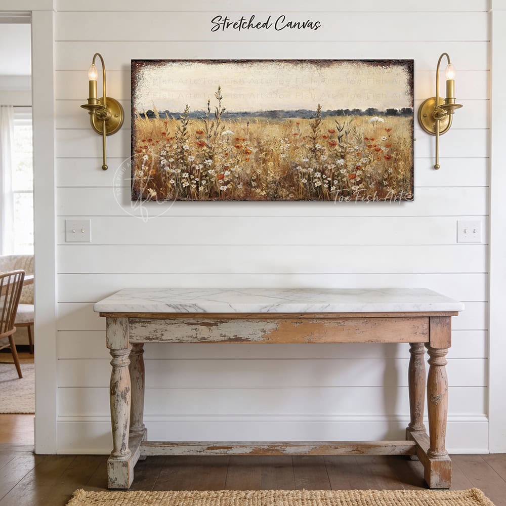 Say hello to spring with this delightful cottagecore wall art that brings wildflower meadows straight to your space. Bursting with vintage charm, this floral statement piece makes any room feel like a peaceful escape. Be surrounded by decor you LOVE! Choose between premium framed canvas or durable outdoor metal. Toe Fish Art makes artisan wall art with American materials. Proudly Made in the USA, each piece is expertly constructed with genuine craftsmanship, heritage quality, and rustic charm.