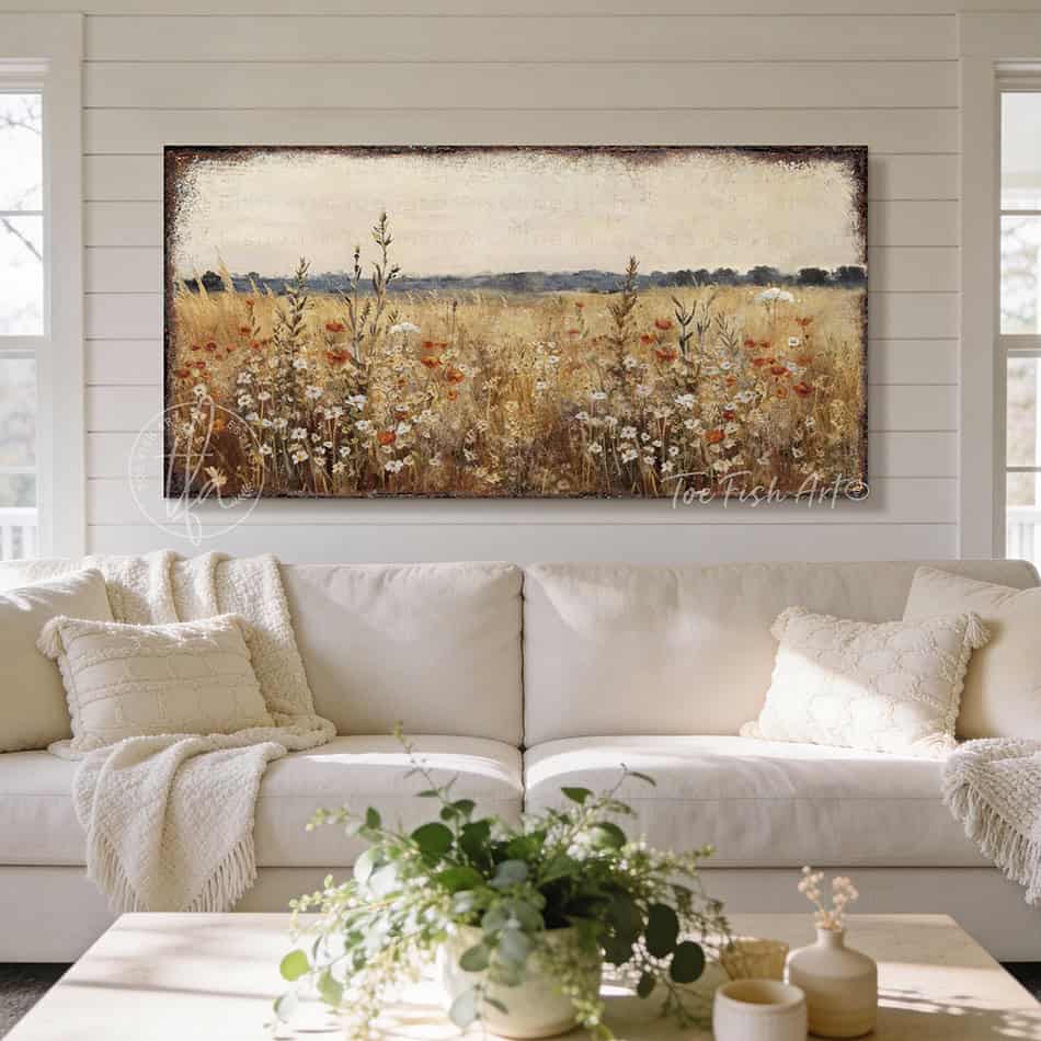 Say hello to spring with this delightful cottagecore wall art that brings wildflower meadows straight to your space. Bursting with vintage charm, this floral statement piece makes any room feel like a peaceful escape. Be surrounded by decor you LOVE! Choose between premium framed canvas or durable outdoor metal. Toe Fish Art makes artisan wall art with American materials. Proudly Made in the USA, each piece is expertly constructed with genuine craftsmanship, heritage quality, and rustic charm.