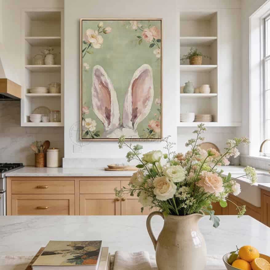 Hop into spring with this vintage floral bunny wall decor by Toe Fish Art! Using soft green and pink pastels, this cottagecore artwork brings a playful vibe with adorable bunny ears peeking up through flowers. Whether decorating a cozy bedroom, nursery, or Easter festivities and gifts, this framed piece brings instant charm. Toe Fish Art makes artisan wall décor using American sourced materials. Proudly Made in the USA and expertly constructed with genuine craftsmanship, heritage quality, and rustic charm.