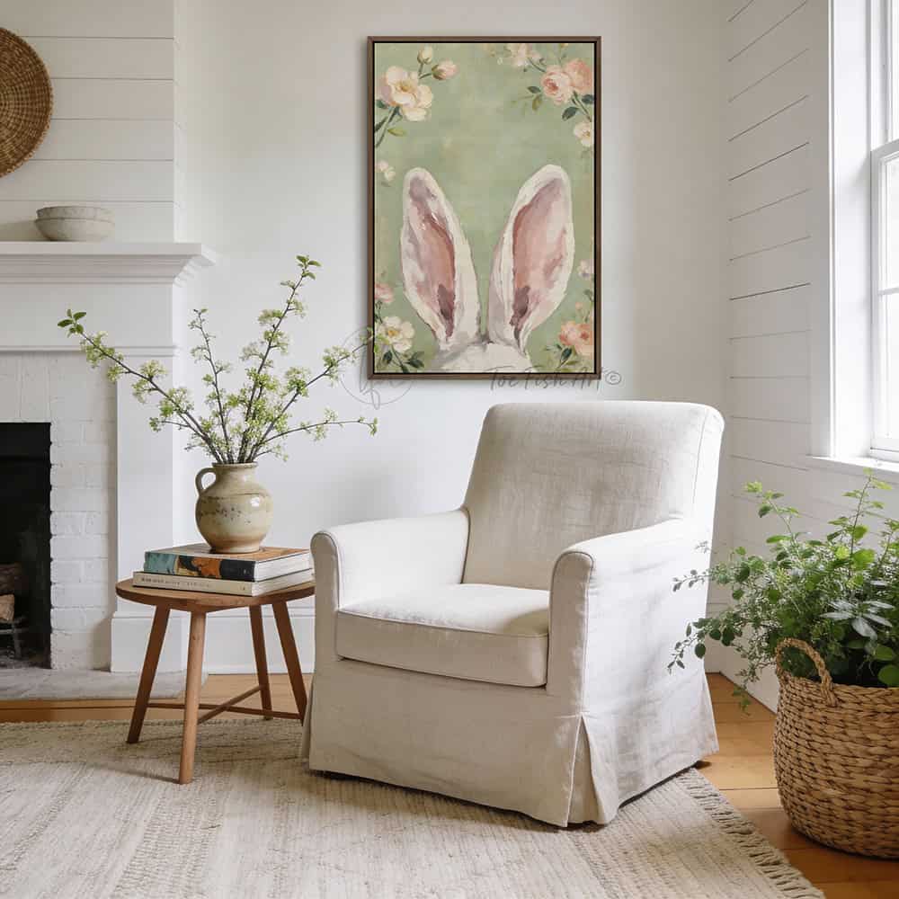 Hop into spring with this vintage floral bunny wall decor by Toe Fish Art! Using soft green and pink pastels, this cottagecore artwork brings a playful vibe with adorable bunny ears peeking up through flowers. Whether decorating a cozy bedroom, nursery, or Easter festivities and gifts, this framed piece brings instant charm. Toe Fish Art makes artisan wall décor using American sourced materials. Proudly Made in the USA and expertly constructed with genuine craftsmanship, heritage quality, and rustic charm.