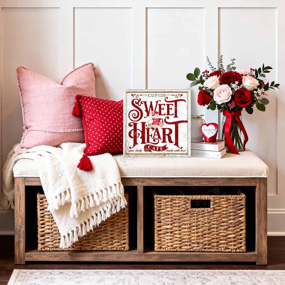 This Cupid's Sweetheart Cafe sign by Toe Fish Art displays vintage farmhouse design with curated nostalgic appeal. This wall art merges authentic retro aesthetics with cottage style wall decor. The romantic Valentine's Day motif transcends seasonal trends through timeless design. Toe Fish Art creates artisan-made wall décor using American sourced materials. Proudly Made in the USA, each sign is expertly constructed with genuine craftsmanship, heritage quality, and rustic charm.