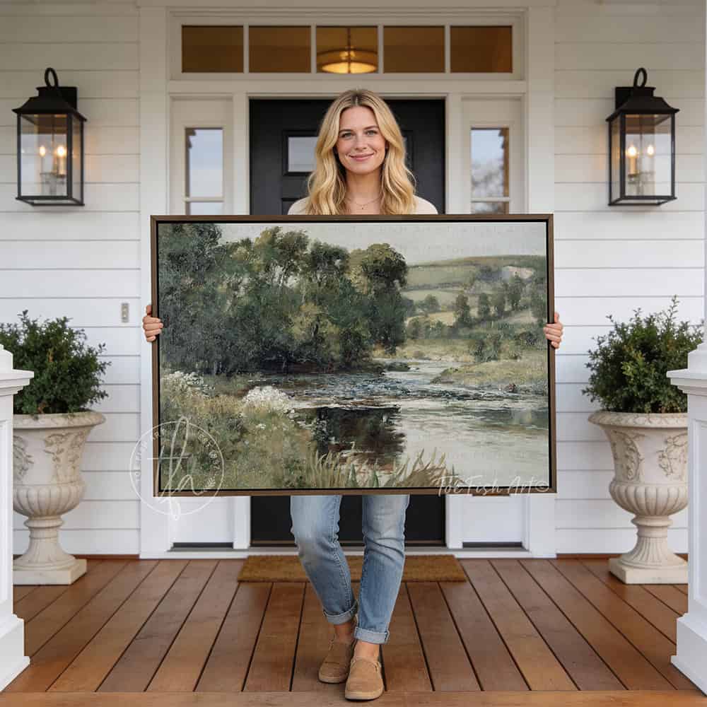 This framed landscape wall art decor by Toe Fish Art captures rural tranquility with a spring river meadow scene steeped in cottagecore tradition. The imagery balances nostalgic charm with sophisticated elegance. Available in framed canvas with choice of colors and numerous sizes to fit your space. Toe Fish Art creates artisan-made wall décor using American sourced materials. Proudly Made in the USA, each sign is expertly constructed with genuine craftsmanship, heritage quality, and rustic charm.