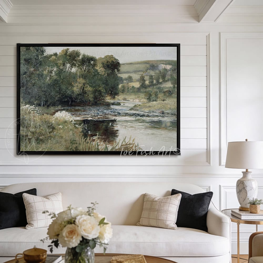 This framed landscape wall art decor by Toe Fish Art captures rural tranquility with a spring river meadow scene steeped in cottagecore tradition. The imagery balances nostalgic charm with sophisticated elegance. Available in framed canvas with choice of colors and numerous sizes to fit your space. Toe Fish Art creates artisan-made wall décor using American sourced materials. Proudly Made in the USA, each sign is expertly constructed with genuine craftsmanship, heritage quality, and rustic charm.