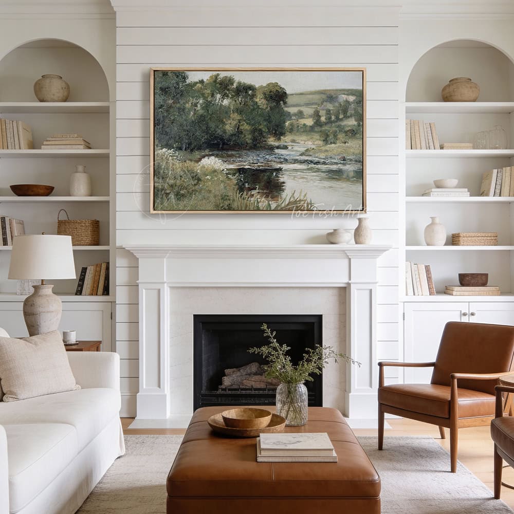 This framed landscape wall art decor by Toe Fish Art captures rural tranquility with a spring river meadow scene steeped in cottagecore tradition. The imagery balances nostalgic charm with sophisticated elegance. Available in framed canvas with choice of colors and numerous sizes to fit your space. Toe Fish Art creates artisan-made wall décor using American sourced materials. Proudly Made in the USA, each sign is expertly constructed with genuine craftsmanship, heritage quality, and rustic charm.