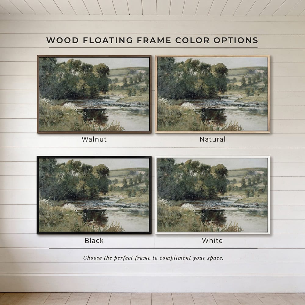 This framed landscape wall art decor by Toe Fish Art captures rural tranquility with a spring river meadow scene steeped in cottagecore tradition. The imagery balances nostalgic charm with sophisticated elegance. Available in framed canvas with choice of colors and numerous sizes to fit your space. Toe Fish Art creates artisan-made wall décor using American sourced materials. Proudly Made in the USA, each sign is expertly constructed with genuine craftsmanship, heritage quality, and rustic charm.